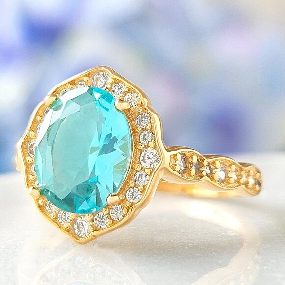 Gold and Aquamarine ring set, 925 Sterling Silver, 10k Gold finish - Picture 6 of 6